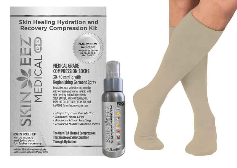 Skineez Magnesium Medical Compression Kit 30-40 mmHg and Replenishing Spray Skin Healing Hydration and Recovery