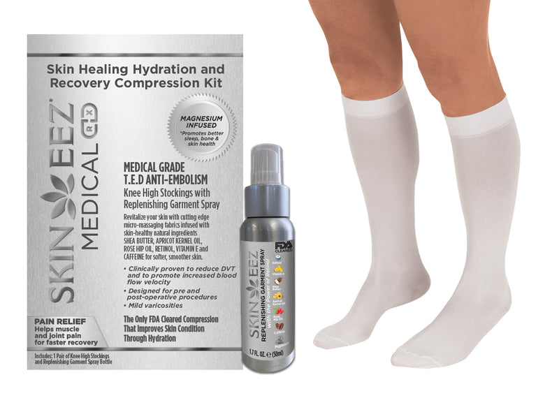 Made in USA Magnesium Medical Compression Kit T.E.D Anti-Embolism Knee High 18 mmHg and Replenishing Spray Skin Healing Hydration and Recovery