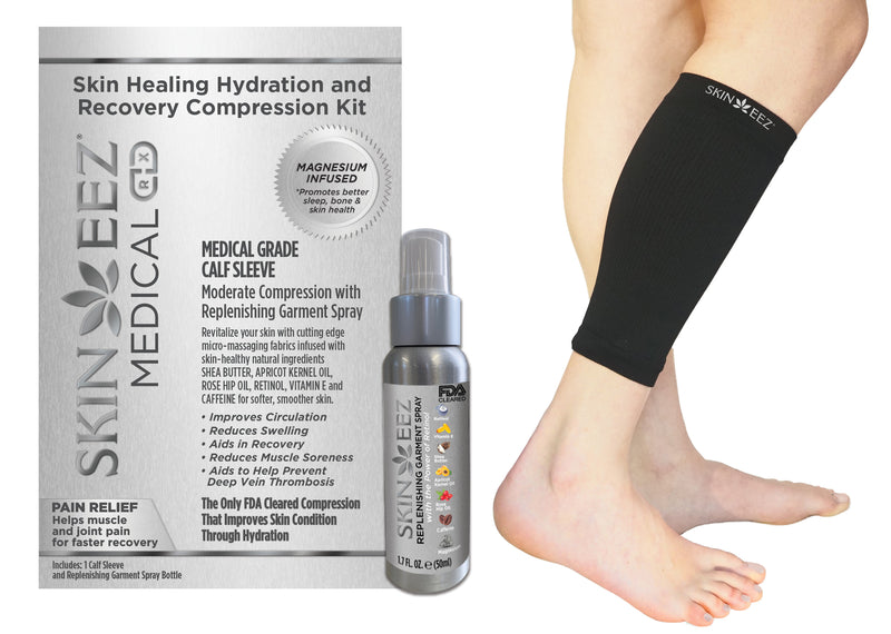 Made in USA Magnesium Medical Compression Kit Black Calf Sleeve and Replenishing Spray Skin Healing Hydration and Recovery
