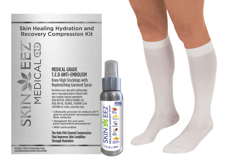 Made in USA Skin Healing Hydration and Recovery Medical Compression Kit T.E.D Anti-Embolism Knee High 18 mmHg and Replenishing Spray