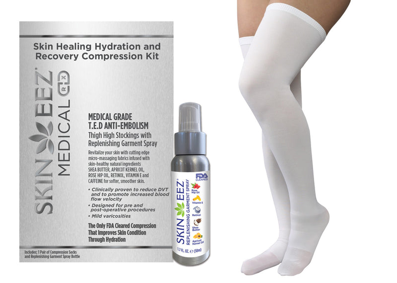 Made in USA Skin Healing Hydration and Recovery Medical Compression Kit T.E.D Anti-Embolism Thigh High Stocking and Replenishing Spray
