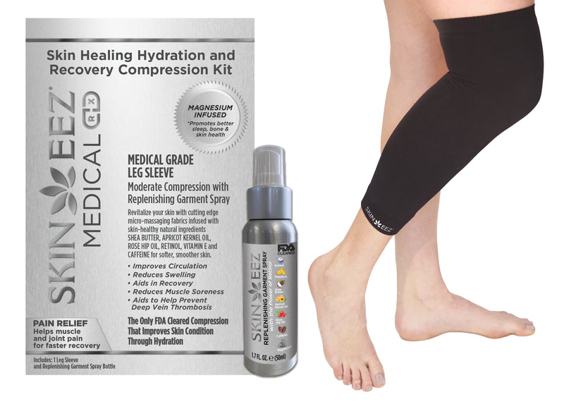 Made in USA Magnesium Medical Compression Kit Black Leg Sleeve and Replenishing Spray Skin Healing Hydration and Recovery