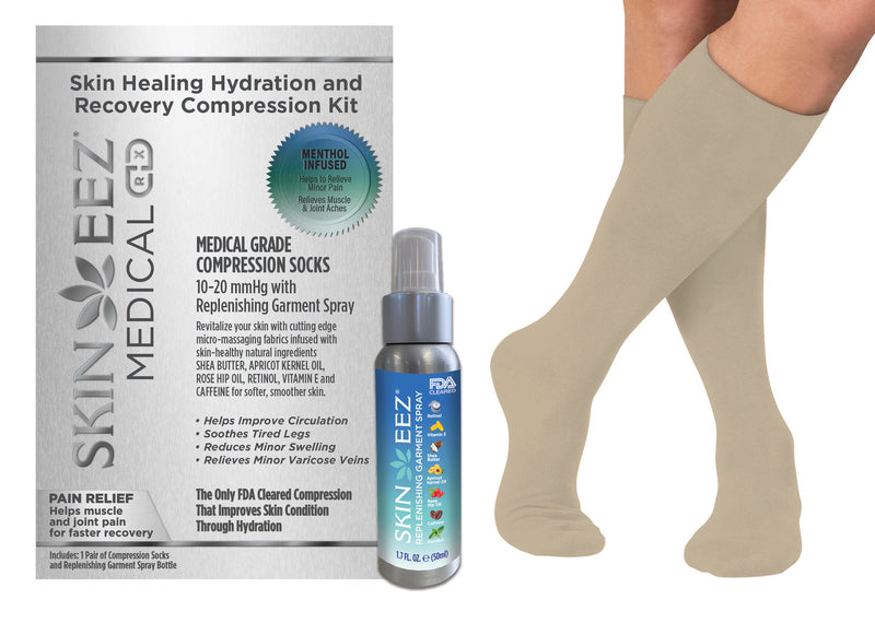 Made in USA Skin Healing Hydration and Recovery Menthol Medical Compression Kit 10-20 mmHg and Replenishing Spray